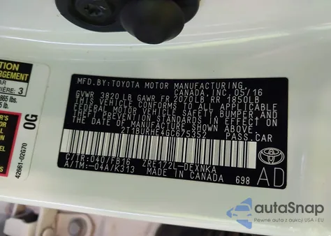 2016 Toyota Corolla Le из США, поврежденный, VIN 2T1BURHE4GC675352